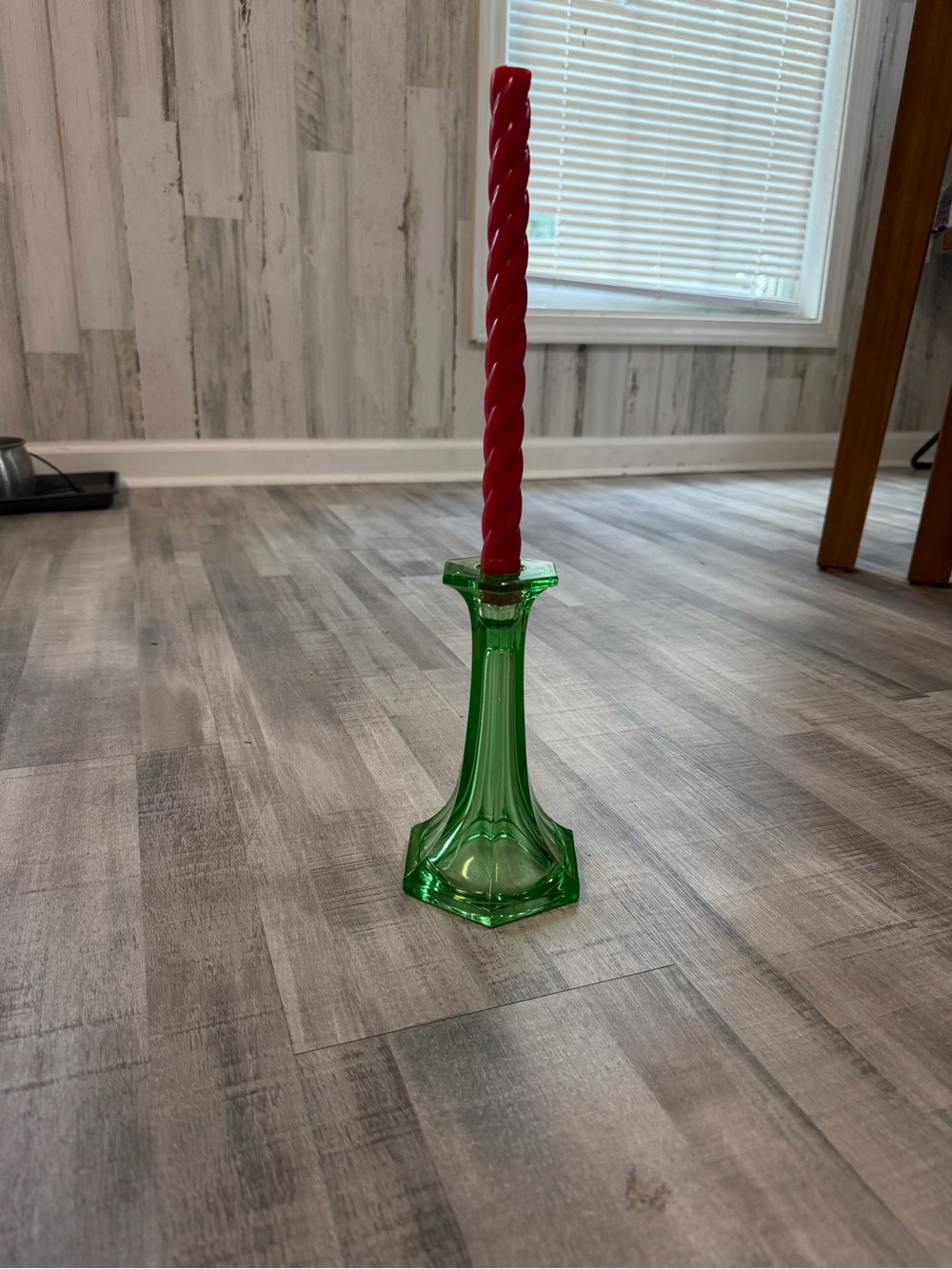 Vintage Indiana Glass Uranium Glass Candlestick Holder Green 8.25” Hex Base